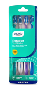 Equate Rotation, Adult Manual Soft Bristle Toothbrush with Tongue and Cheek Cleaner, 4 Count