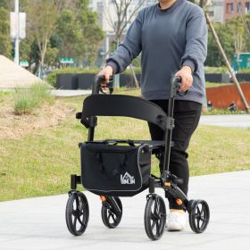 Senior Rollator Walker, Aluminum, Black, with Seat, Backrest, Adjustable Handle Height, and Storage Bag